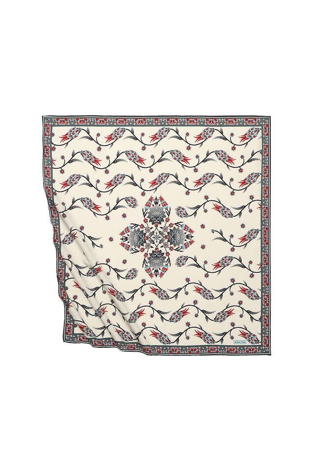 Gray Tulip Pattern Silk Square Scarf - Bursa İpek
