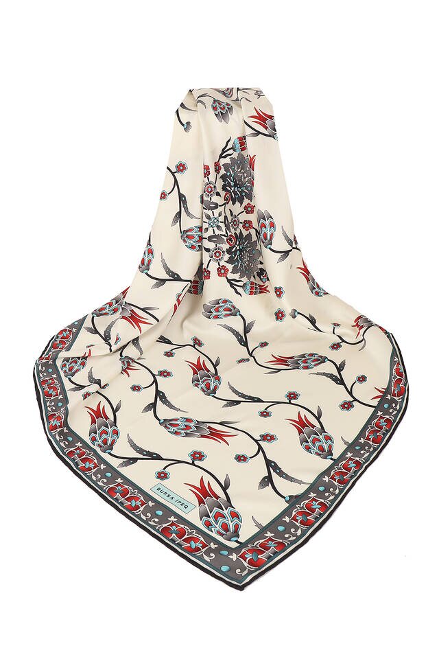 Gray Tulip Pattern Silk Square Scarf - 3