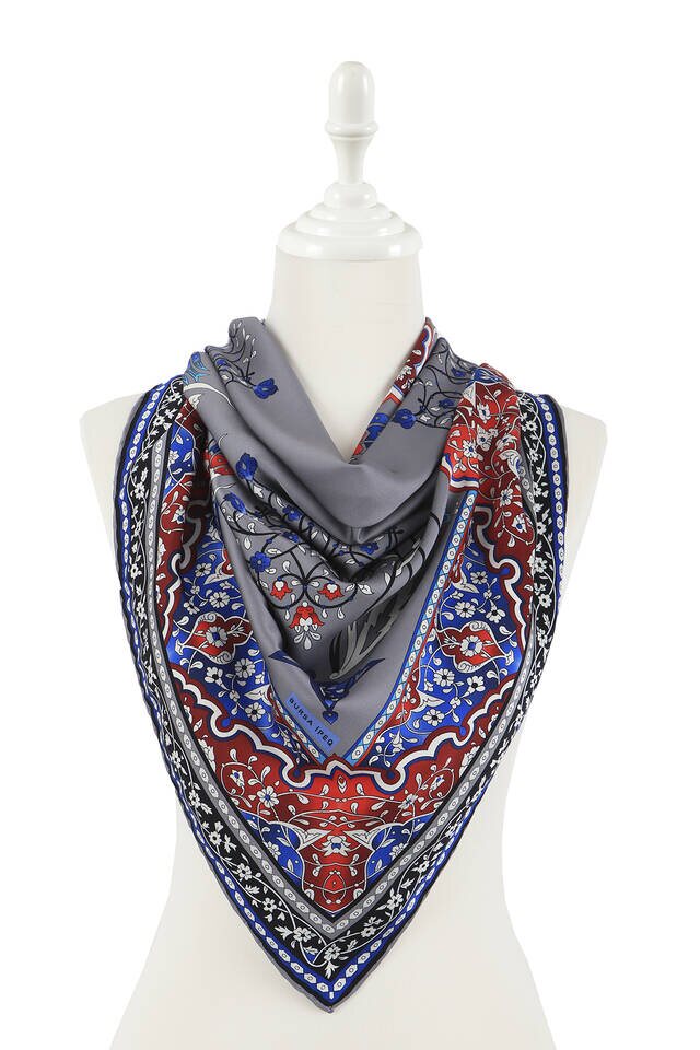 Gray Turkish Motif Candlestick Tulip Pattern Silky Square Scarf - 2