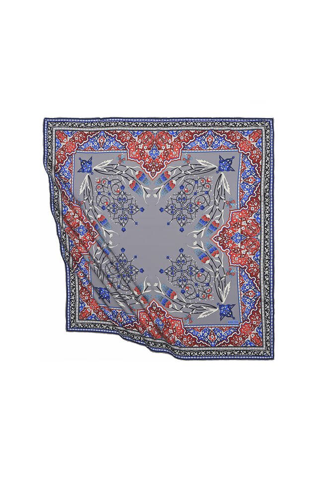 Gray Turkish Motif Candlestick Tulip Pattern Silky Square Scarf - 1
