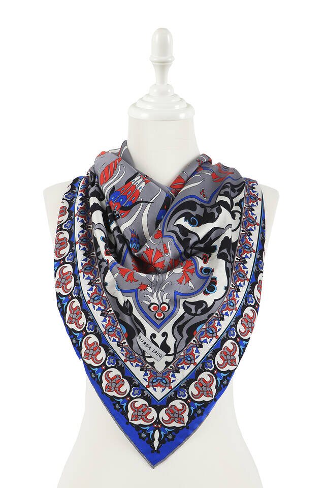 Gray Turkish Patterned Cintemani Carnation Pattern Silky Square Scarf - 2