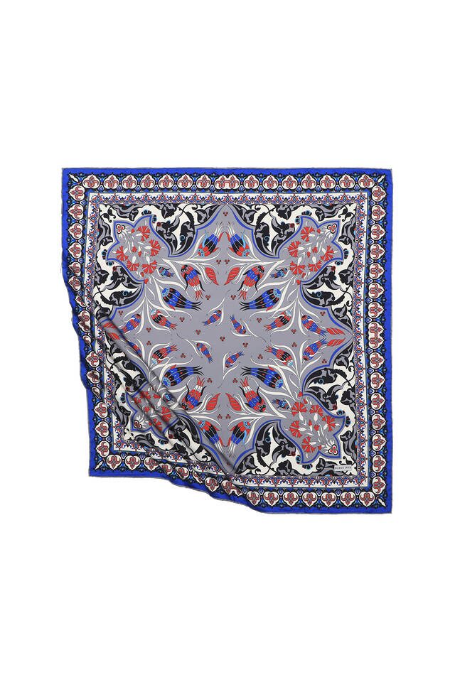 Gray Turkish Patterned Cintemani Carnation Pattern Silky Square Scarf - 1