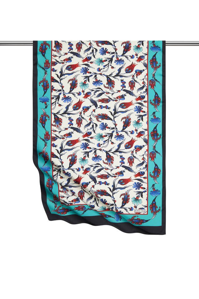 Green Black Carnation Tulip Pattern Wide Silky Foulard 