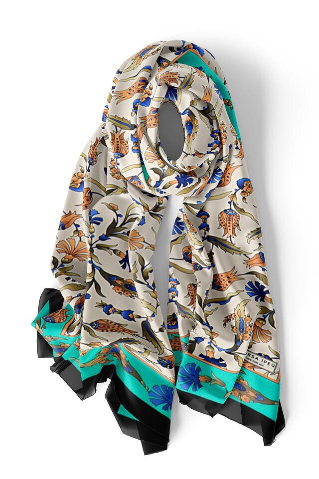 Green Black Carnation Tulip Silk Foulard - 3