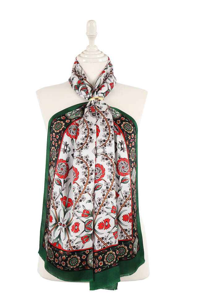 Green Black Selcuk Pattern Silk Foulard - Bursa İpek