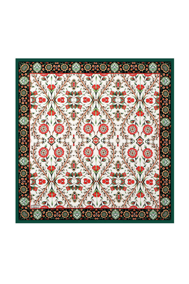 Green Black Selcuk Pattern Silk Square Scarf - 2