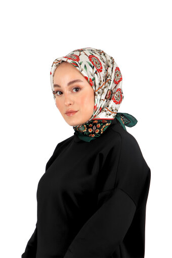 Green Black Selcuk Pattern Silk Square Scarf 