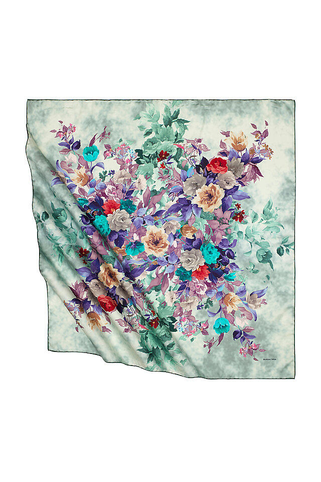 Green Bouquet Pattern Silky Square Scarf 