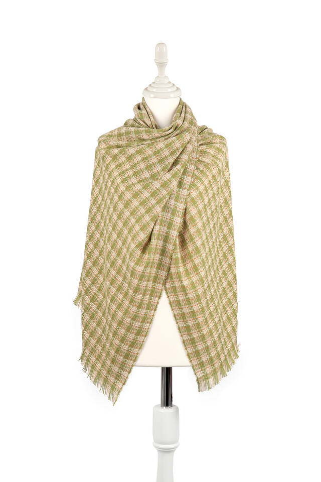 Green Cream Plaid Pattern Winter Shawl - 1