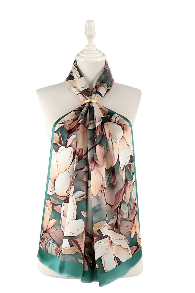 Green Daffodil Pattern Silk Foulard - 2