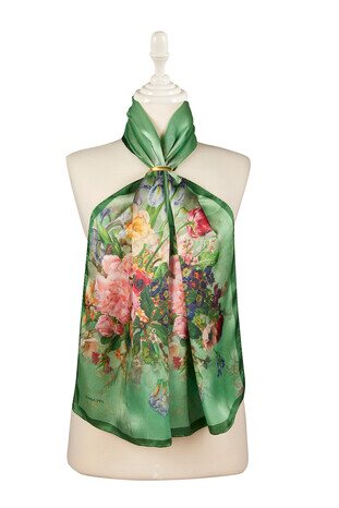 Green Floral Narrow Silk Foulard 