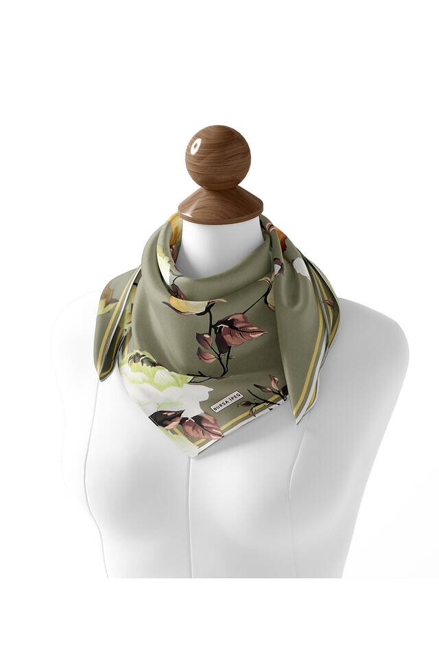 Green Floral Twill Silk Square Scarf - 3