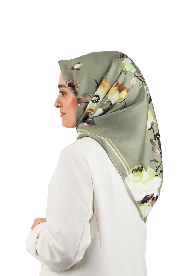 Green Floral Twill Silk Square Scarf - 1