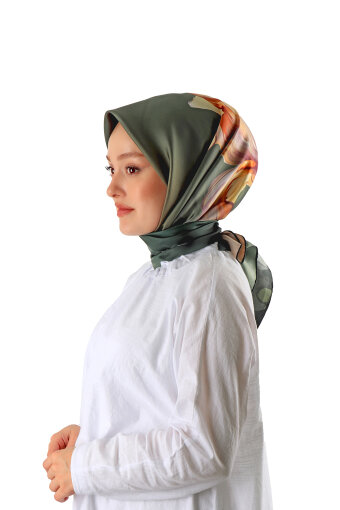 Green Iris Pattern Twill Silk Square Scarf 