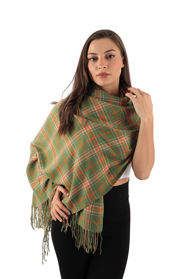 Green Orange Patterned Winter Shawl - 2