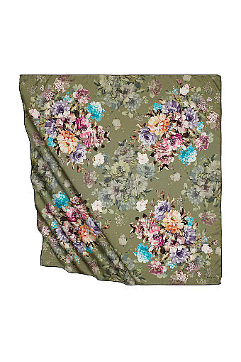 Green Quadruple Pattern Silky Square Scarf 
