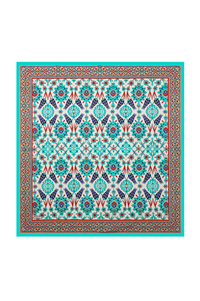 Green Red Tile Tulip Pattern Silk Square Scarf - 2