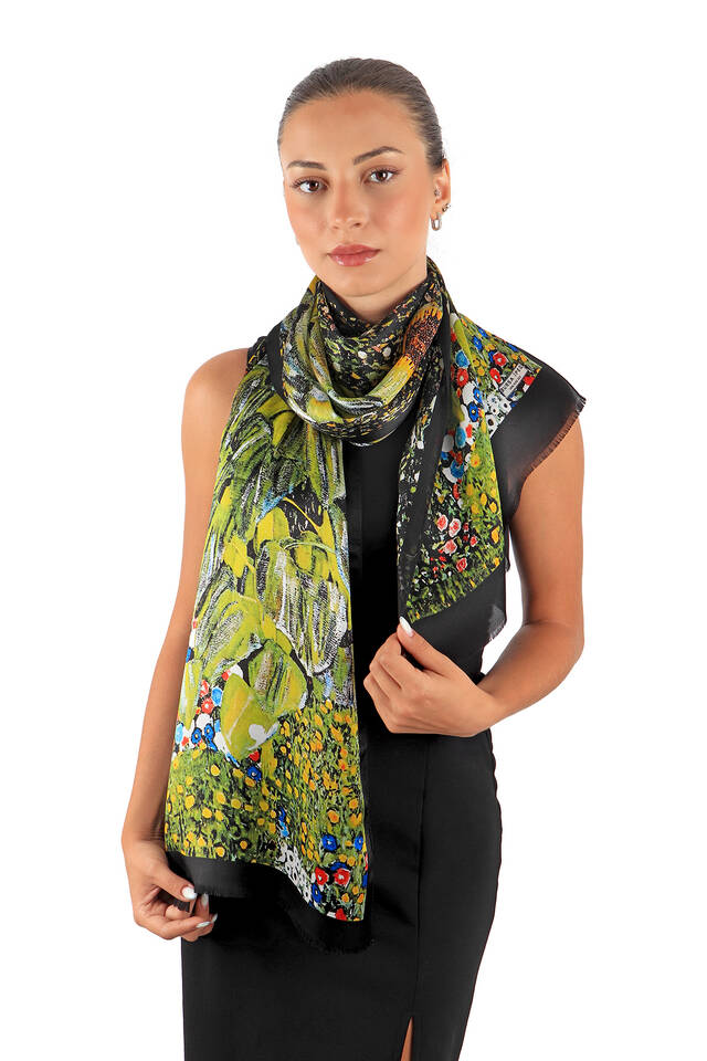 Green Sunflower Silk Painting Foulard - 2
