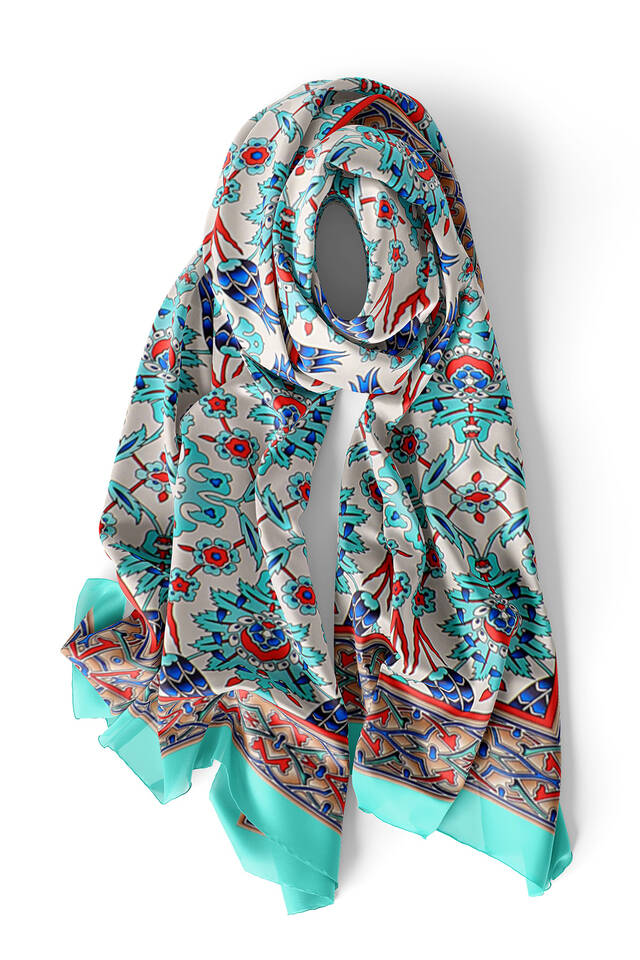 Green Tile Tulip Pattern Narrow Silk Foulard - 3