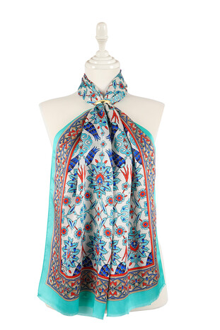 Green Tile Tulip Pattern Narrow Silk Foulard 