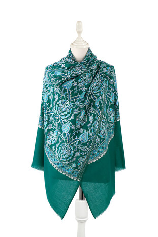 Green Turquoise Tulip Pattern Embroidered Wool Silk Shawl 