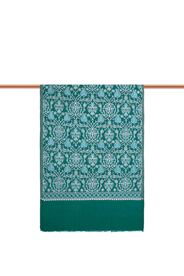 Green Turquoise Tulip Pattern Embroidered Wool Silk Shawl - 3