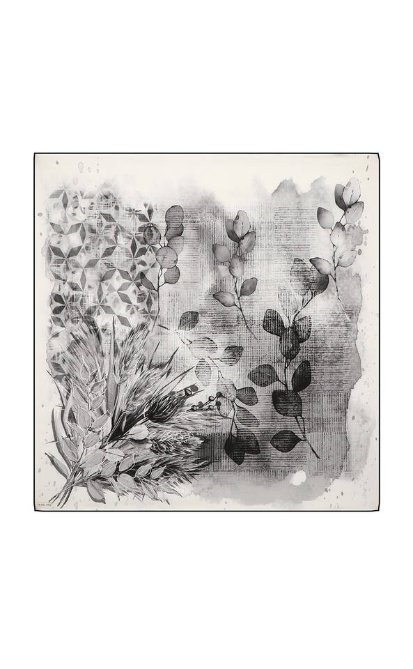 Grey Botanical Pattern Sura Silk Square Scarf - 1