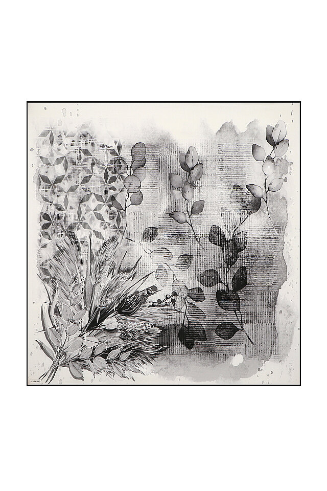 Grey Botanical Pattern Sura Silk Square Scarf - Bursa İpek