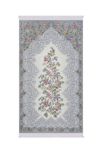 Gri Floral Desen İpeksi Goblen Seccade 