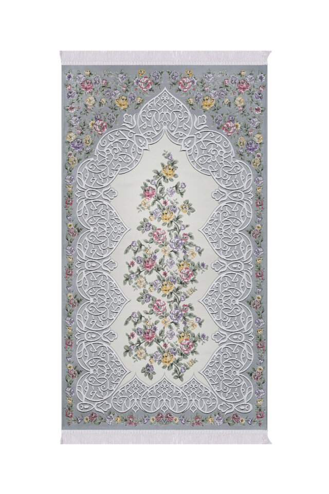 Gri Floral Desen İpeksi Goblen Seccade - Bursa İpek