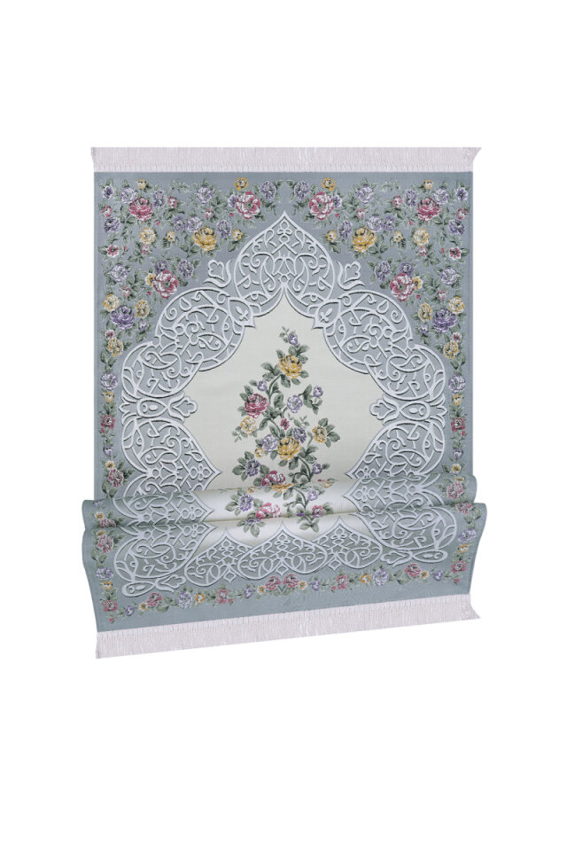 Gri Floral Desen İpeksi Goblen Seccade - 4