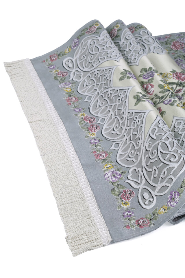 Gri Floral Desen İpeksi Goblen Seccade - 3