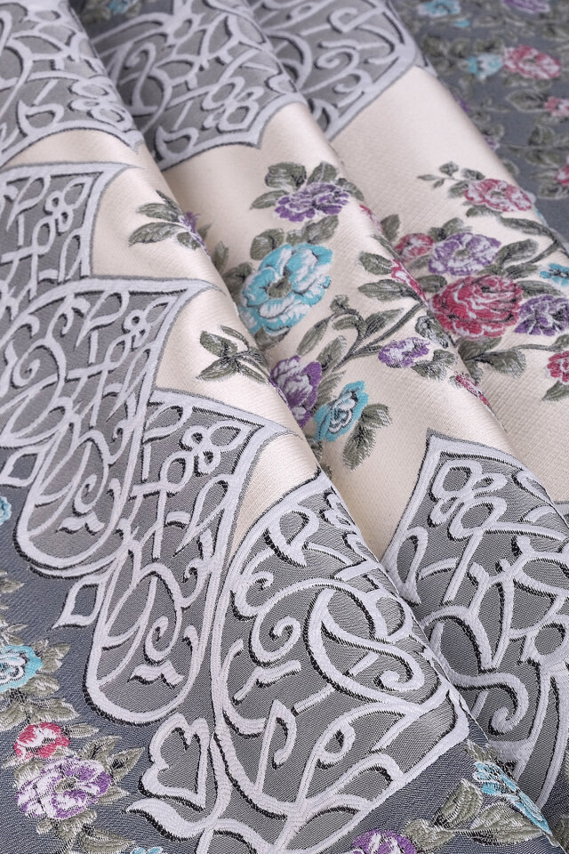 Koyu Gri Floral Desen İpeksi Goblen Seccade - 2