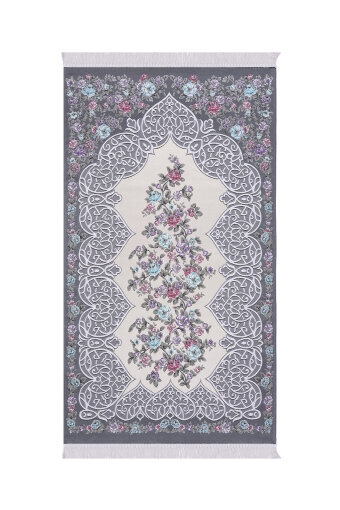 Koyu Gri Floral Desen İpeksi Goblen Seccade 