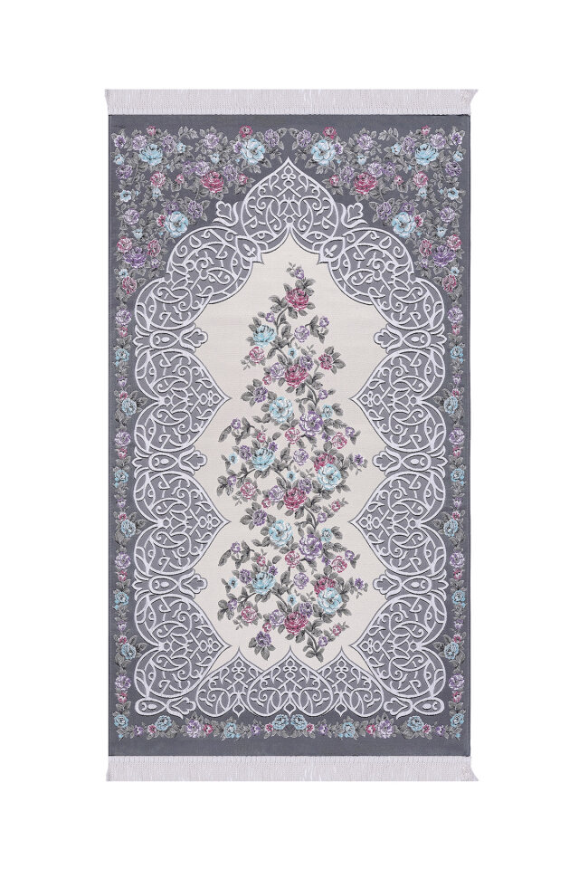 Koyu Gri Floral Desen İpeksi Goblen Seccade - Bursa İpek