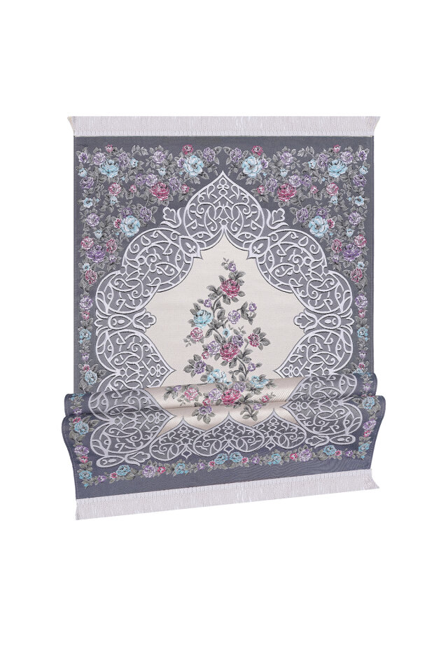 Koyu Gri Floral Desen İpeksi Goblen Seccade - 4