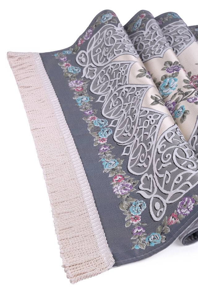 Koyu Gri Floral Desen İpeksi Goblen Seccade - 3