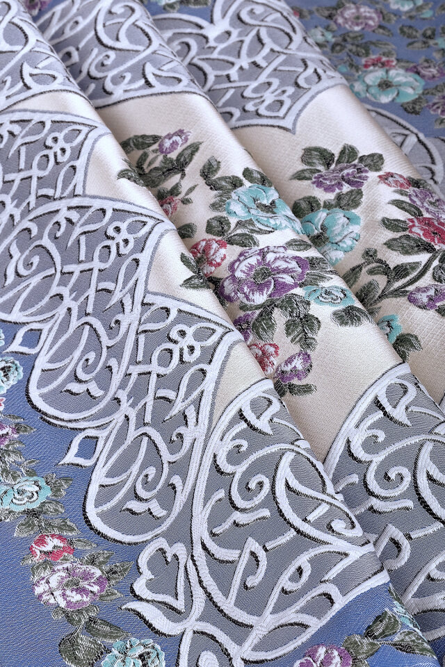 Mavi Floral Desen İpeksi Goblen Seccade - 2