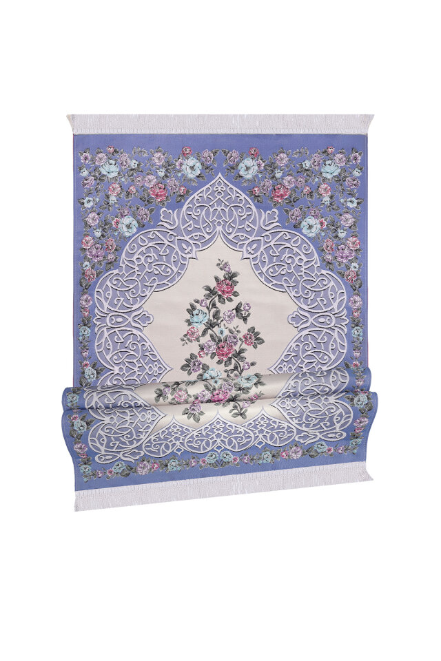 Mavi Floral Desen İpeksi Goblen Seccade - 4