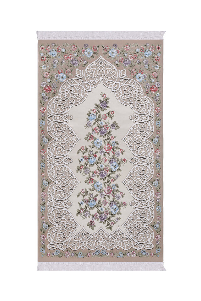 Sütlü Kahve Floral Desen İpeksi Goblen Seccade - Bursa İpek