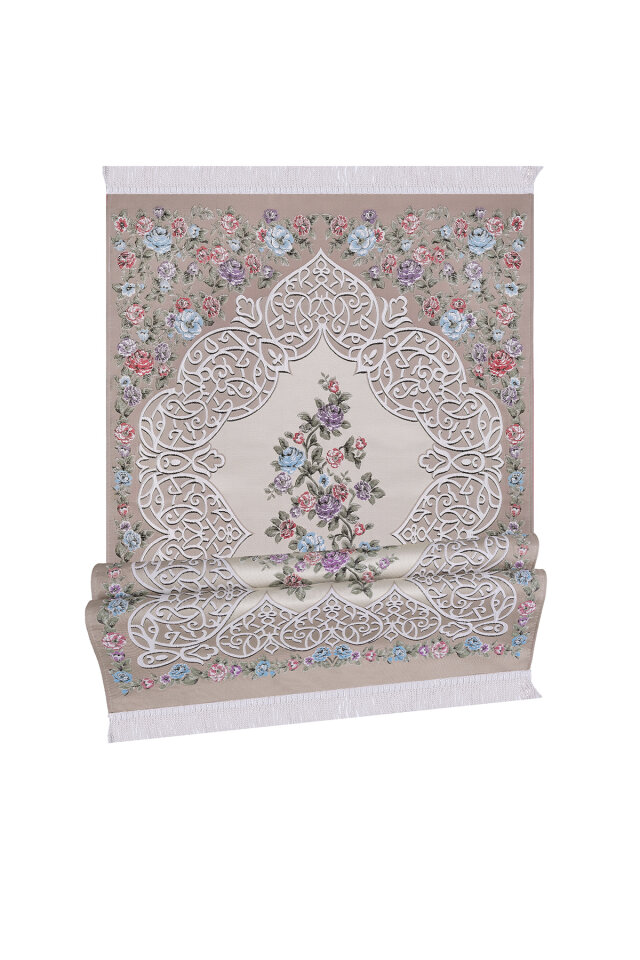 Sütlü Kahve Floral Desen İpeksi Goblen Seccade - 4