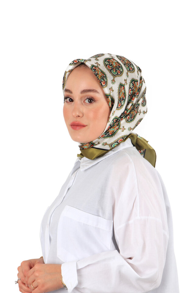 Haki Hatai Desen İpek Eşarp 