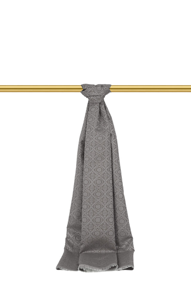 Gri Halka Desen Jakarlı İpek Şal 