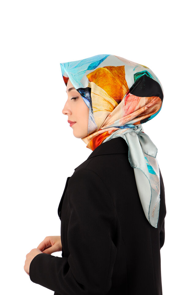 Ice Blue Harmony Pattern Sura Silk Scarf - 2