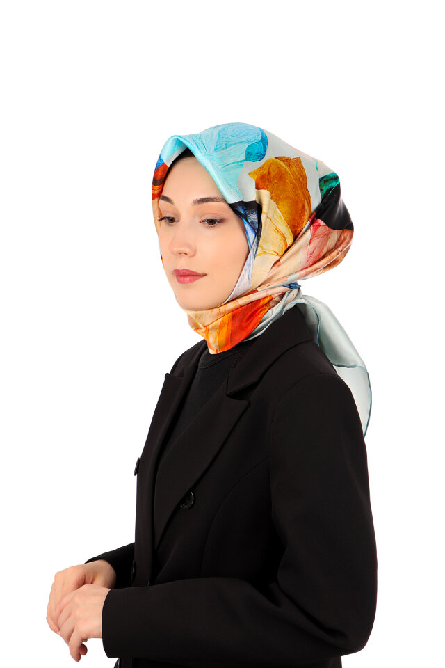Ice Blue Harmony Pattern Sura Silk Scarf - Bursa İpek