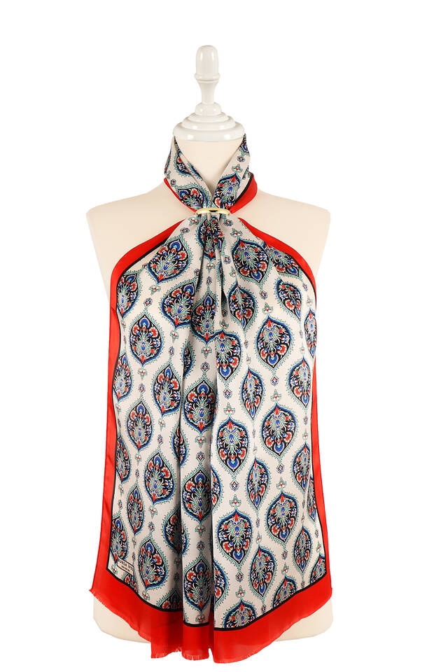 Kırmızı Hatai Desen İpek Fular - 1