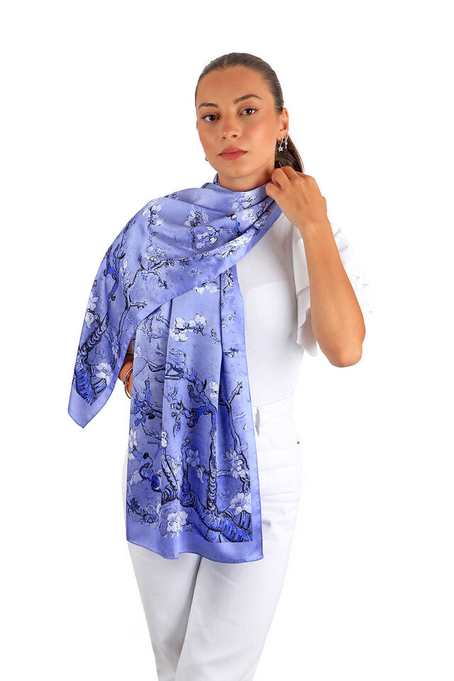 Ice Blue Almond Blossom Silky Foulard - 2