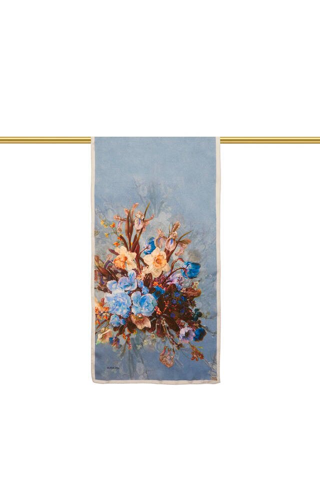 Ice Blue Floral Narrow Silk Foulard - 2