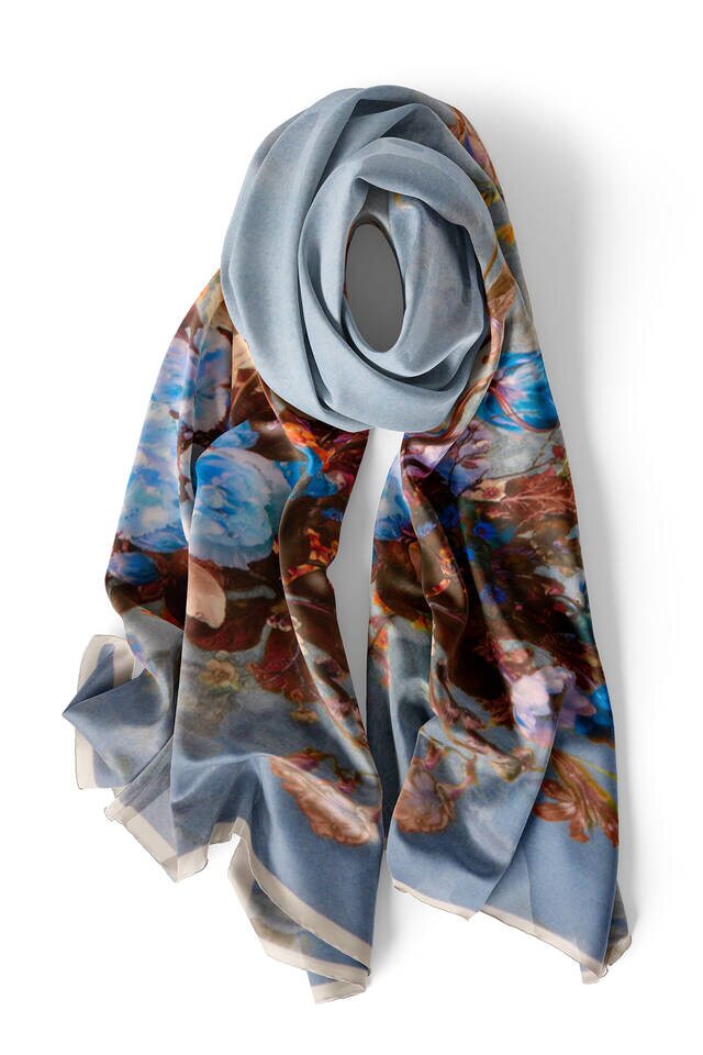 Ice Blue Floral Narrow Silk Foulard - 3