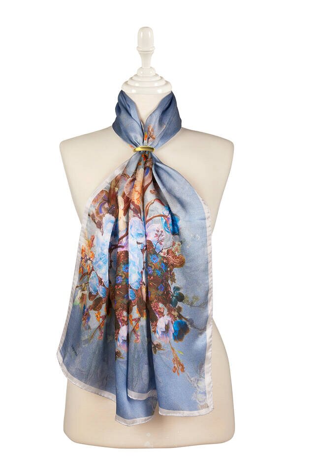 Ice Blue Floral Narrow Silk Foulard 
